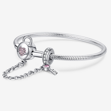 Pulseira de Berloques com Fecho de Coração e Trava de Segurança - Prata 925