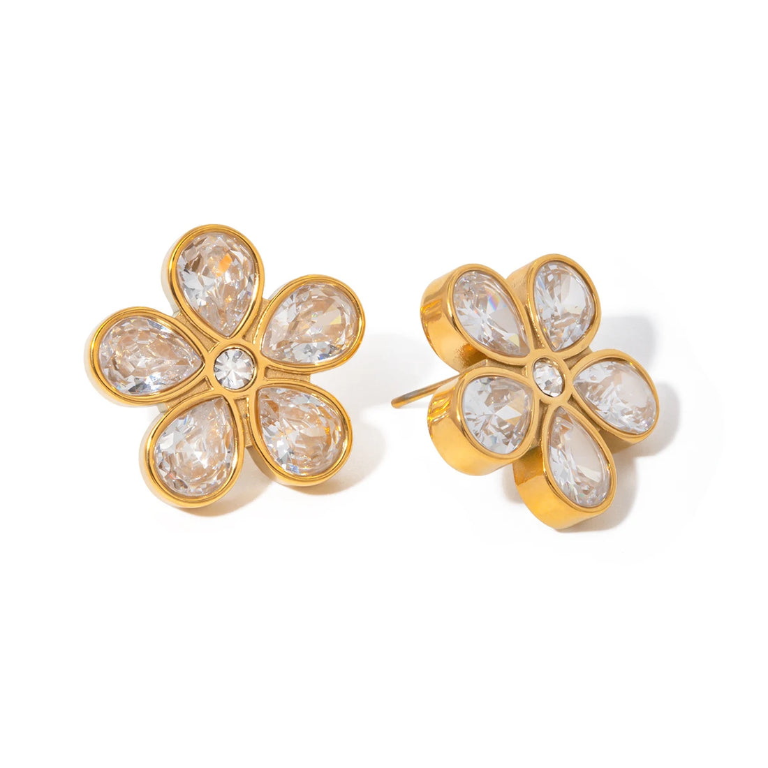 Brinco Metal de Zircônia Detalhes em Flor de Ouro