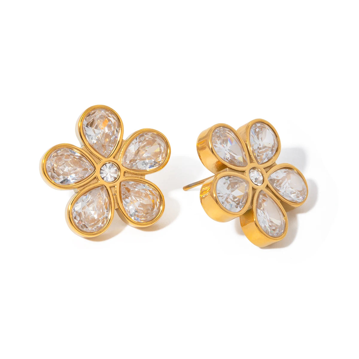 Brinco Metal de Zircônia Detalhes em Flor de Ouro