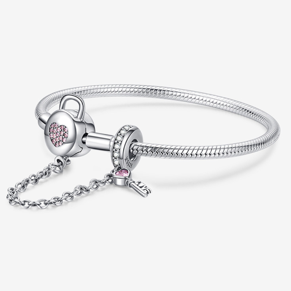 Pulseira de Berloques com Fecho de Coração e Trava de Segurança - Prata 925